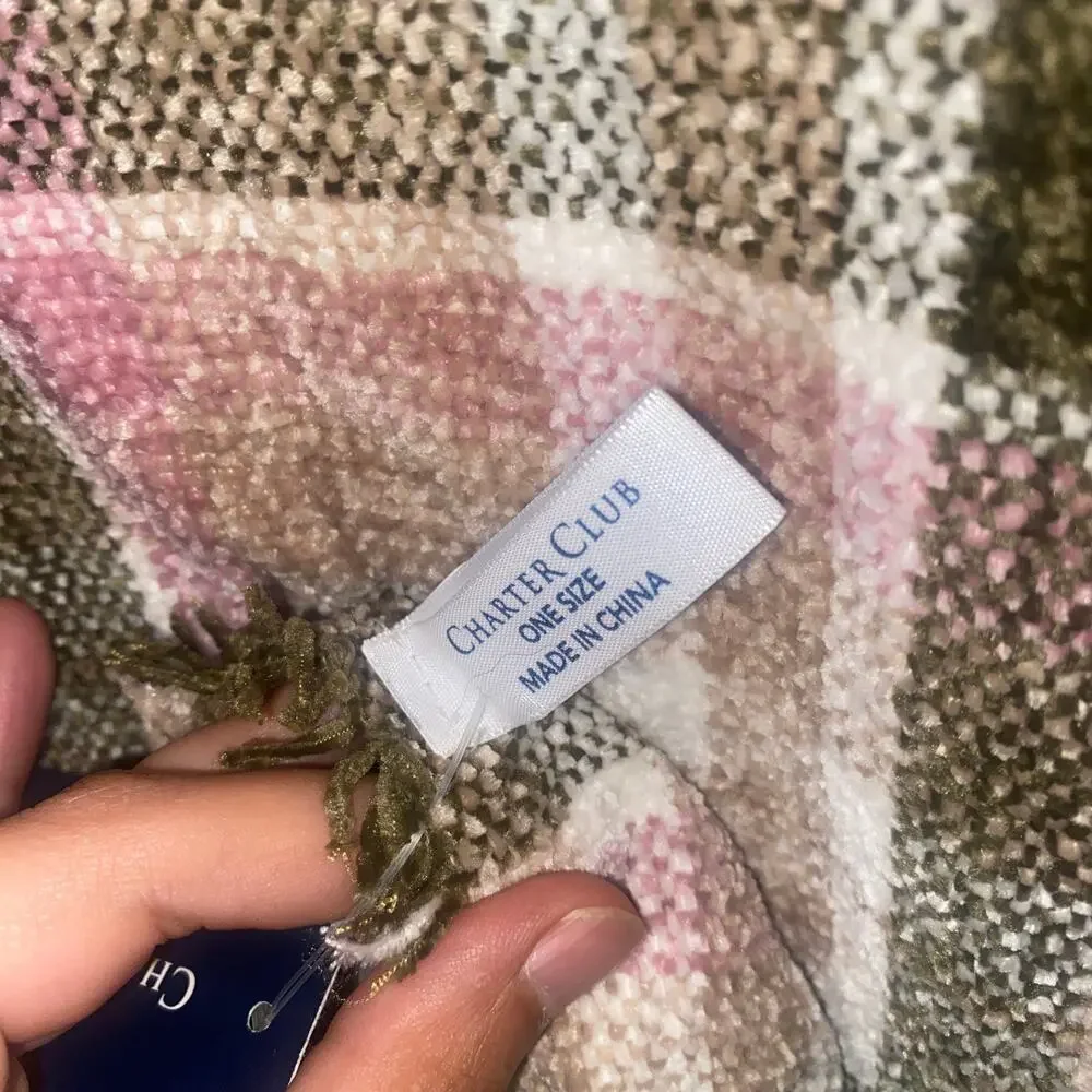 NWT Charter Club Green Pink Beige Tan Fringed Rectangle Scarf Women's
